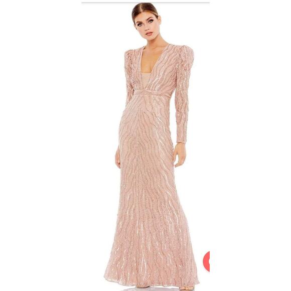 Mac Duggal Size 14 Gown Sequined Beaded Puff Sleeve Deep V Neck Blush Pink - Picture 1 of 12